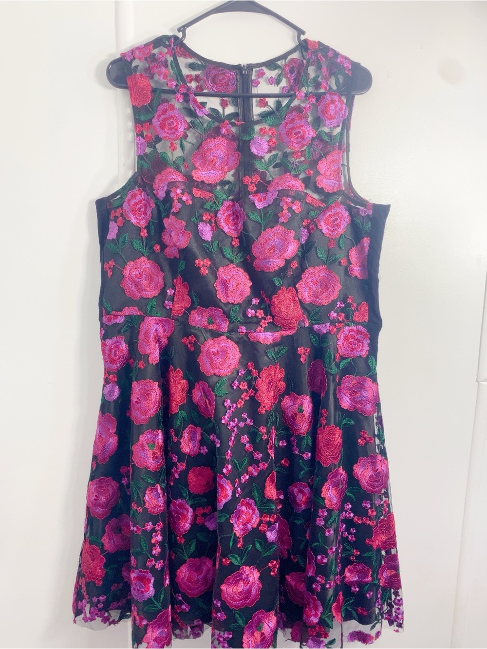 Tahari Black Sleeveless Floral Fit & Flare Dress with Pink Embroidery - Picture 2 of 6